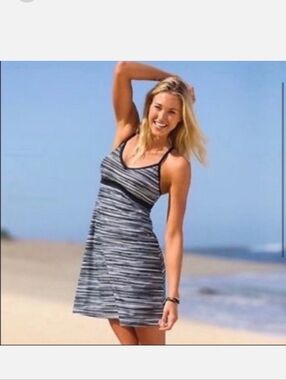 Athleta Black and White Striped Racerback Swim Dress